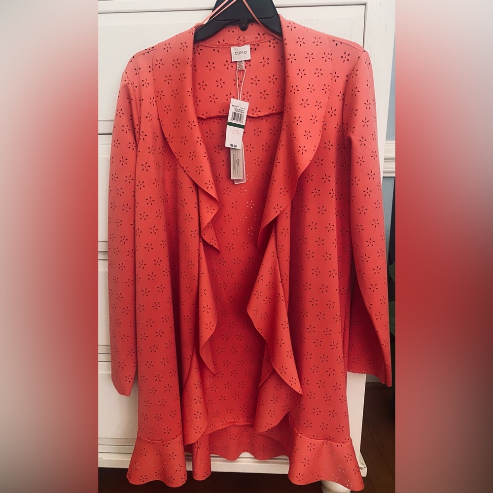 Cupio Coral Laser Cutout Eyelet Ruffle Cardigan